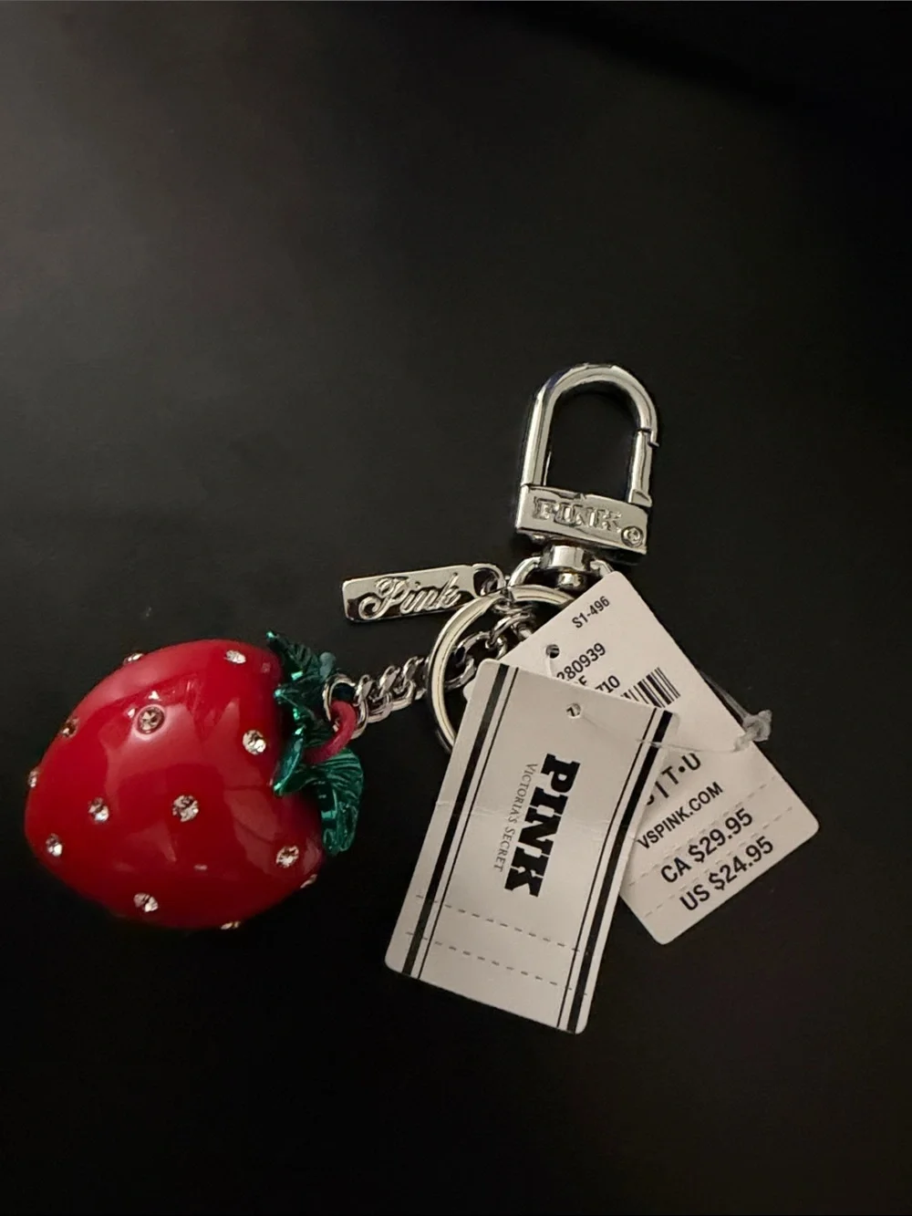 PINK Victoria's Secret Red Rhinestone Strawberry Keychain